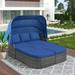 QueenDream 7 Pieces Outdoor Rattan Daybed Cushion Couch Patio Sectional Sofa Cover Set with Retractable Canopy Lounge Bed for Lawn Garden Pool Blue Day Bed