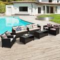 8PCS Outdoor Rattan Furniture Set Cushioned Sofa Armrest Table