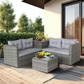 Outdoor Wicker Furniture Sets 4 Piece Patio Sofa Set with Loveseat Sofa Storage Box Tempered Glass Coffee Table All-Weather Outdoor Conversation Set with Cushions for Backyard Garden Pool Gray