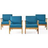 Noble House Perla Outdoor Teaked Acacia Wood Chair with Blue Cushion (Set of 4)