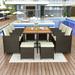 11 Piece Indoor Outdoor Wicker Dining Set Furniture Patio Rattan Furniture Set with Wood Tabletop Armrest Chairs and Stools All-Weather Sectional Conversation Set with Cushions
