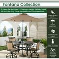 Hanover Fontana 5-Piece High-Dining Set in Tan with 4 Counter-Height Swivel Chairs 56-in. Cast-top Table Umbrella and Umbrella Base