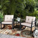 3 Pieces Patio Set Rocking Wicker Bistro Sets Modern Outdoor Rocking Chair Set Cushioned PE Rattan Chairs Conversation Set with Glass Coffee Table Beige/Black