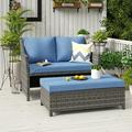 OC Orange-Casual 2-Piece Outdoor Patio Furniture Wicker Love-seat and Coffee Table Set with Built-in Storage Bin Grey Rattan Navy Blue Cushions