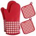 Esonmus Esonmus Heat Resistant Silicone Oven Gloves Oven Mitts + 2 Cotton Pot Holders for Kitchen Cooking Baking Grilling Barbecue--Red Plaid