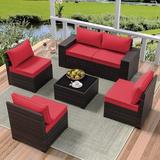 ALAULM Outdoor Patio Furniture Set 6 Pieces Outdoor Furniture All Weather Patio Sectional Sofa PE Wicker Modular Conversation Sets with Coffee Table 5 Chairs & Seat Clips Red