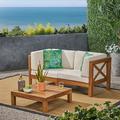 Elisha Outdoor Modular 3 Piece Acacia Wood Sectional Loveseat and Coffee Table Set with Cushions Teak Beige
