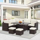 CozyHom 7 Pcs Outdoor Patio PE Wicker Sectional Dining Sofa Furniture Set Rattan Sectional Conversation Furniture Set With Dining Table Beige