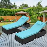 3-Piece Outdoor Patio Furniture Set Chaise Lounge Patio Reclining Rattan Lounge Chair Chaise Couch Cushioned with Glass Coffee Table Adjustable Back and Feet Lounger Chair for Pool Garden Blue