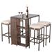 5-Piece Outdoor Synthetic Wicker Bar Table Set for Patio Poolside Backyard with 3 Storage Space Shelf Glass Tabletop 4 Stools - Brown