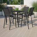 Flash Furniture Brazos Outdoor Dining Set - 4-Person Bistro Set - Brazos Outdoor Glass Bar Table with Black All-Weather Patio Stools
