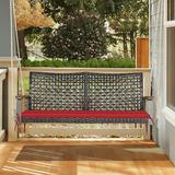 Gymax 2-Seat Rattan Porch Swing Chair Outdoor Wicker Swing Bench W/ Seat Cushion Red