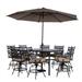 Hanover Montclair 9-Piece High-Dining Set in Tan with 8 Counter-Height Swivel Rockers 60-In. Square Table and 11-Ft. Umbrella