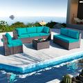 ALAULM 7 Piece Patio Furniture Sets Outdoor Patio Sectional Outdoor Furniture Set Manual Weaving Wicker Patio Sofa PE Rattan Porch Deck Conversation Set w/Coffee Table & Thick Cushions Blue