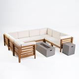 GDF Studio Cascada Outdoor Acacia Wood 8 Seater Sectional Sofa Set with Fire Pit Teak Beige and Light Gray