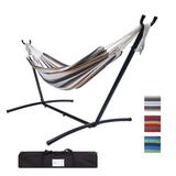 Double Hammock with Steel Stand 2 Person Cotton Hammocks for Outdoors Indoors 450lb Weight Capacity