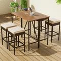 5 Piece Outdoor Wicker Bar Set Foldable Dining Table and 4 Stools Set Wood Brown High-Dining Patio Furniture Bistro Set