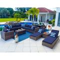 Sorrento 19-Piece Resin Wicker Outdoor Patio Furniture Combination Set in Brown w/ Sectional Set Round Dining Set and Chaise Lounge Set (Flat-Weave Brown Wicker Sunbrella Canvas Navy)