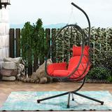 Foldable Swing Egg Chair BTMWAY Patio Wicker Hanging Egg Chair with Stand Cushion and Pillow Indoor Outdoor Egg Chair Hammock Chair Hanging Swing Chair for Bedroom Balcony Patio Porch Red