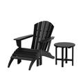 WestinTrends Dylan Patio Lounge Chairs 3 Pieces Seashell Adirondack Chair with Ottoman and Side Table All Weather Poly Lumber Outdoor Patio Chairs Furniture Set Black