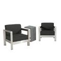 GDF Studio Alec Outdoor Aluminum 3 Piece Chat Set with C Shaped Side Table Silver and Gray