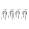 GIA Design Group 24 Inch Counter Height Low Back Metal Stools with Wood Seat Gloss White Set of 4