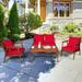 Gymax 4-Pieces Patio Conversation Set Wood Frame Furniture Set with Red Cushions