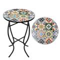 Outdoor Mosaic Patio Side Table Small Round Patio Accent Printed Glass Balcony Coffee Desk for Garden Yard or Lawn 14 Inches