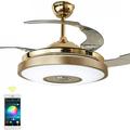 FINE MAKER Smart Bluetooth Speaker Ceiling Fan with Light Invisible Blade Remote Control 3 Speed Fandelier 3 Light Color LED Chandelier for Living Room Bedroom Gold Metal Finish