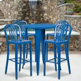 Flash Furniture Commercial Grade 30 Round Blue Metal Indoor-Outdoor Bar Table Set with 4 Vertical Slat Back Stools