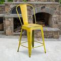 Flash Furniture Commercial Grade 4 Pack 24 High Distressed Yellow Metal Indoor-Outdoor Counter Height Stool with Back