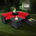 Topbuy 5-Piece Outdoor Patio Furniture Set with 50 000 BTU Propane Fire Pit Table Patio PE Wicker Conversation Set with Cushions Storage Box and Tempered Glass Coffee Table Red