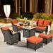 Ovios 7 Pieces Outdoor Patio Furniture with CSA Fire Pit All Weather Wicker Conversation Set with Rocking Swivel Chair for Porch