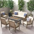 GDF Studio Marcotte Outdoor Acacia Wood 7 Seater Sofa and Club Chair Chat Set with Fire Pit Gray and Cream