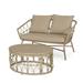 GDF Studio Colmar Outdoor Wicker Loveseat and Coffee Table Set with Cushions Light Brown and Beige