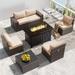 Gotland Outdoor Patio Furniture Set 7 Pcs Rattan Wicker Sectional Sofa with 43.3 Gas Fire Pit Table Sand