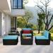 4 Piece Patio Furniture Set Outdoor Rattan Sectional Sofa Set with Blue Cushions and Red Pillow All-weather Wicker Conversation Bistro Table and Seating Set for Balcony Yard Front Porch Brown