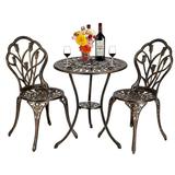 3 Pcs Tulip Bistro Set Outdoor Cast Aluminum Arm Dining Chairs Set of 2 Patio Bistro Chairs and 1Coffee Table