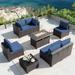 Gotland Outdoor Patio Furniture Set with 43 Propane Fire Pit Table 8 Pieces Outdoor Furniture Patio Sectional Sofa Conversation Sets PE Rattan Wicker (Navy Blue)