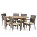 GDF Studio Hammersley Outdoor Acacia Wood and Wicker 7 Piece Dining Set with Cushion Teak Brown and Cream