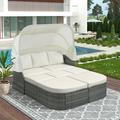 Outdoor Daybed Sunbed 6 Piece Patio Wicker Furniture Set with Canopy and Ottomans Cushioned Conversation Set PE Rattan Sectional Sofa Set for Pool Garden Backyard Lawn Beige D7913