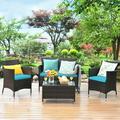 Costway 4PCS Rattan Patio Cushioned Sofa Chair Coffee Table Turquoise