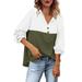 REORIAFEE Sweatshirt for Women Henley Long Sleeve Shirts V-Neck Shirt Button Down Colorblock Sweatshirt Hoodies Tunic Tops Green XL