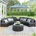 BTMWAY 6 Piece Outdoor Patio Sofa Furniture Set BTMWAY PE Wicker Half Moon Outdoor Sectional Sofa Set with Side Table for Umbrella Multifunctional Round Table Gray Cushions Pillows Brown Rattan