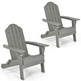 Gymax 2PCS Patio Folding Adirondack Chair Weather Resistant Cup Holder Yard Grey