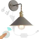 FSLiving Remote Control Retro Wall Light with USB Plug Receiving Controller Metal Macaron Color Wall Sconce with Recessed Push Button Switch Cord (4.9 Feet) and Remote Control Switch - Gray