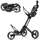 Gymax Foldable 3-Wheel Golf Push and Pull Cart Trolley with Mesh Bag and Foot Brake Gray