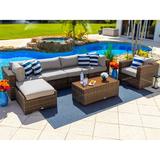 Tuscany 7-Piece Outdoor Patio Furniture Sectional Sofa Set with Four Modular Sectional Pieces Armchair Ottoman and Coffee Table (Half-Round Brown Wicker Polyester Light Gray)