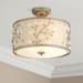 Barnes and Ivy Crystal Buds Vintage Ceiling Light Semi Flush Mount Fixture 16 Wide Antique Silver 3-Light Beige Fabric Drum Shade for Bedroom Kitchen