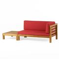 GDF Studio Cascada Outdoor Acacia Wood Right Arm Loveseat and Coffee Table Set with Cushion Teak and Red